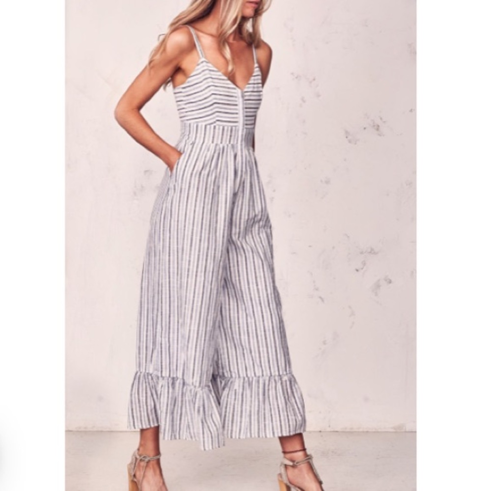 Edeline Jumpsuit in Ivory & Blue by LoveShackFancy